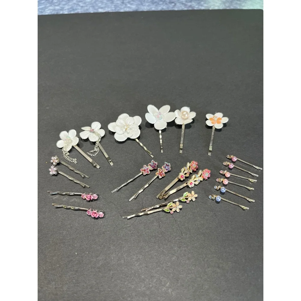 Vintage Style Floral Hair Pin Lot 22  Rhinestone Pearl Flower Bobby Pins Set